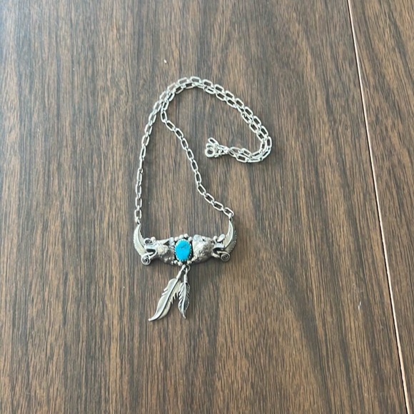 Navajo Sterling Silver and Turquoise Wolf Pendant Necklace - Picture 8 of 8